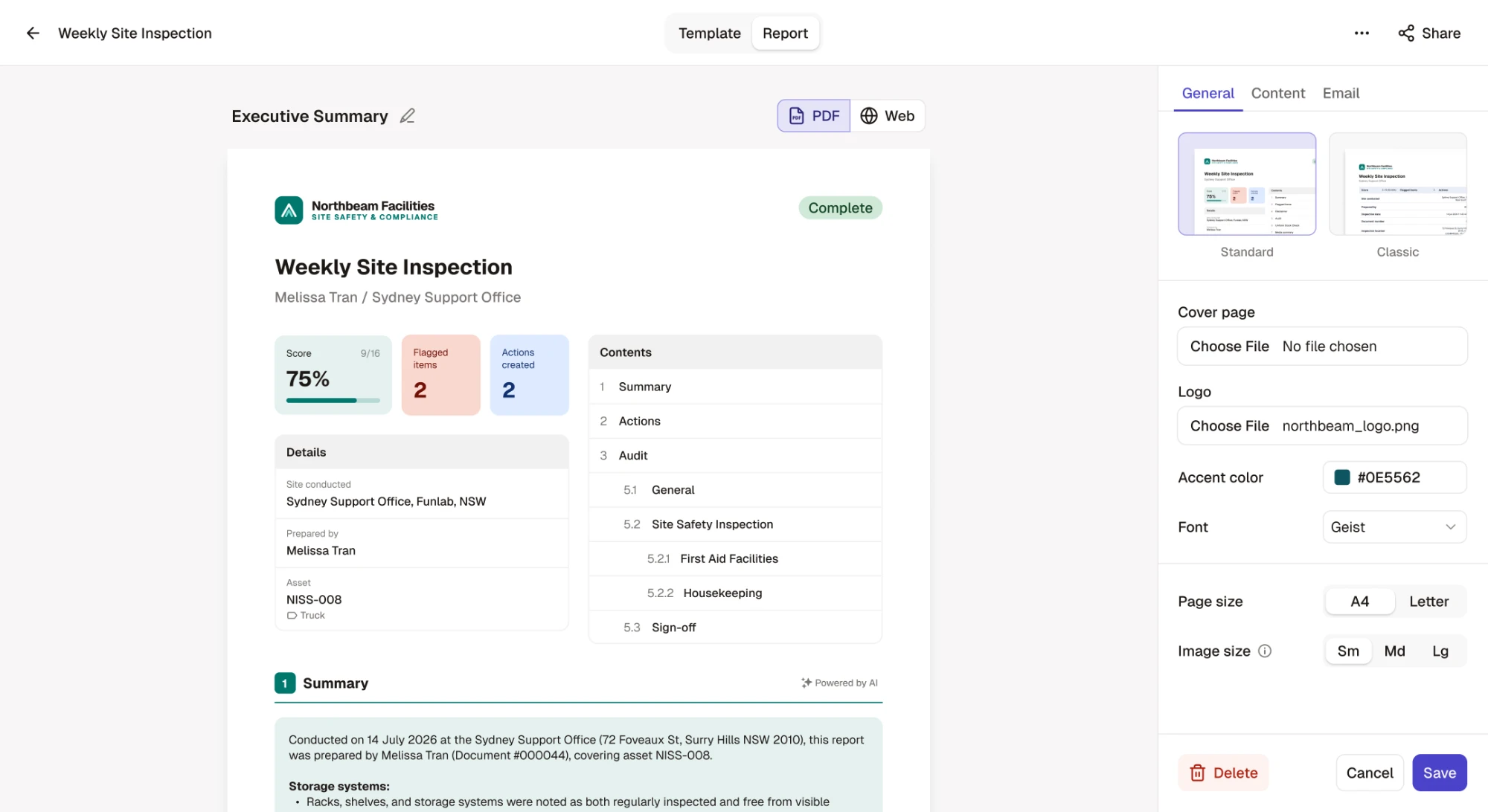 The new report builder, with the report preview beside its settings