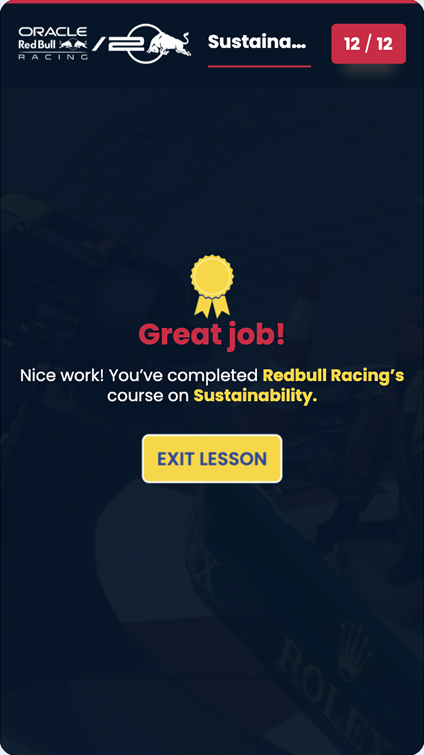 A finished Red Bull Racing lesson screen