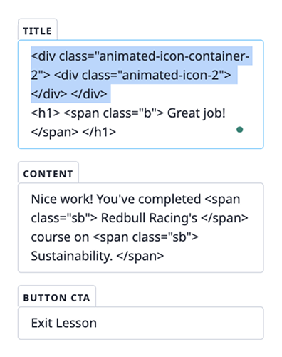 The HTML typed into the title field to produce that screen