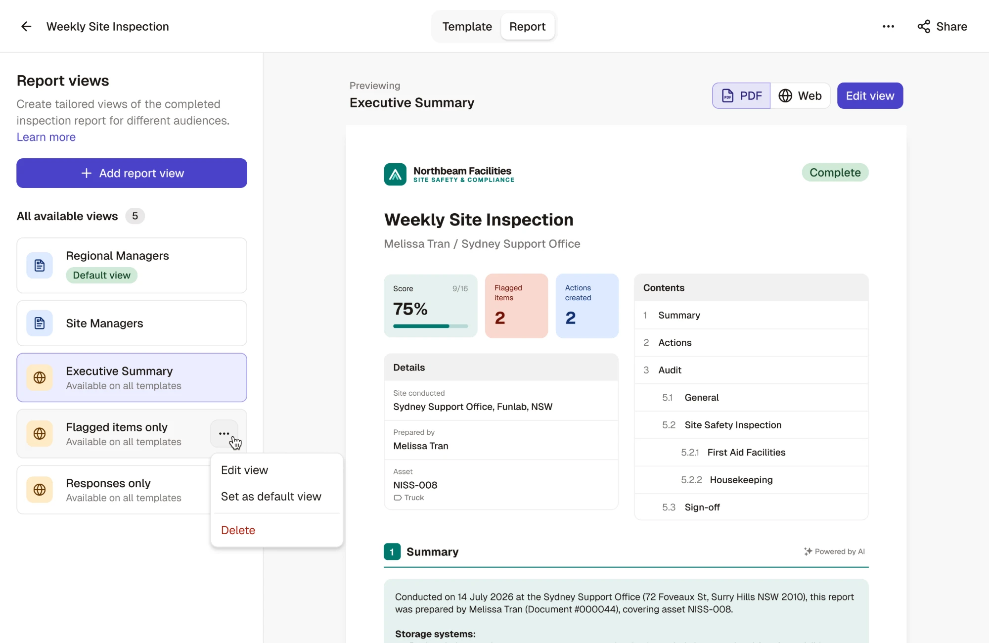 The report views screen: the list of views beside a preview of the selected view