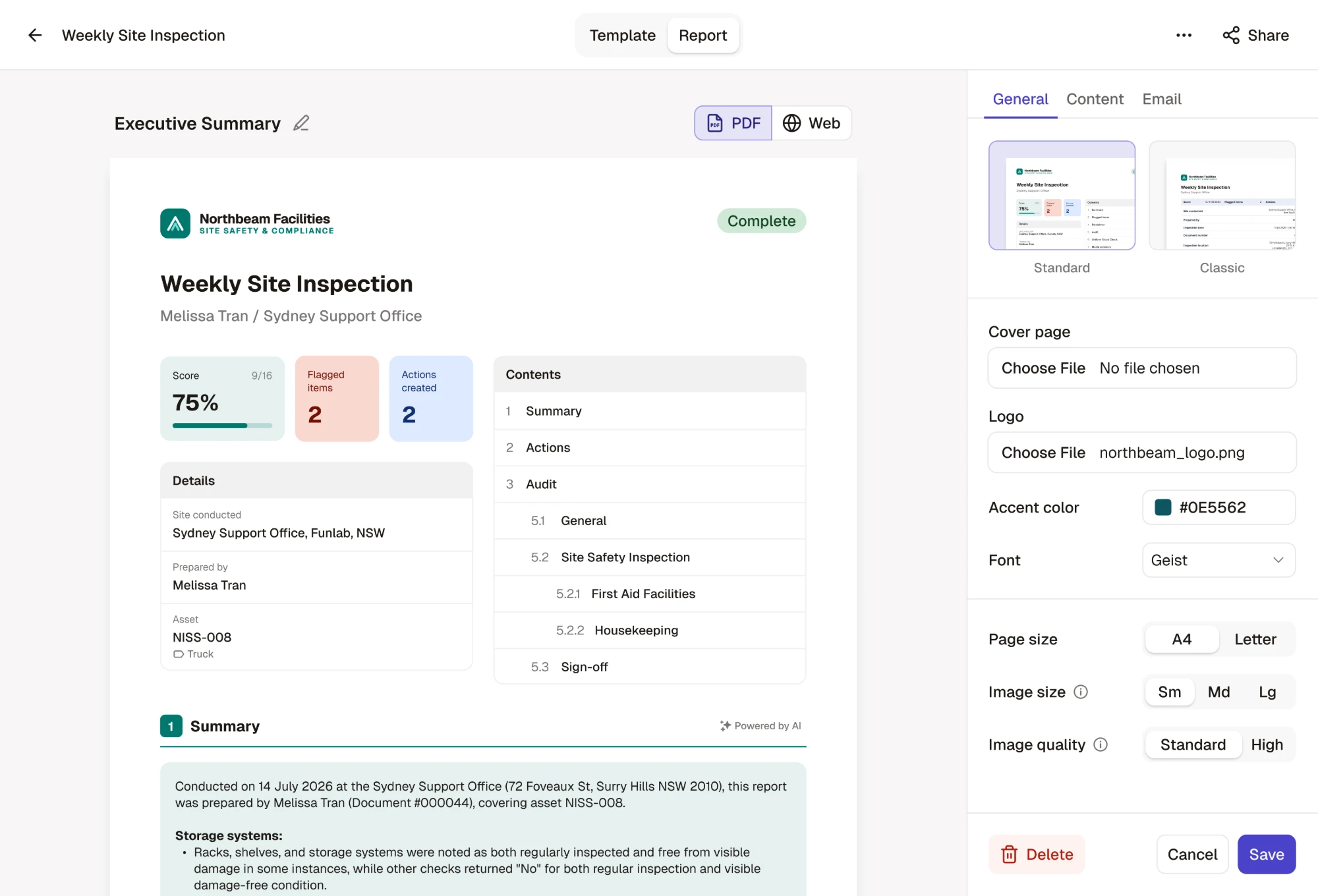 The report builder with the General settings panel
