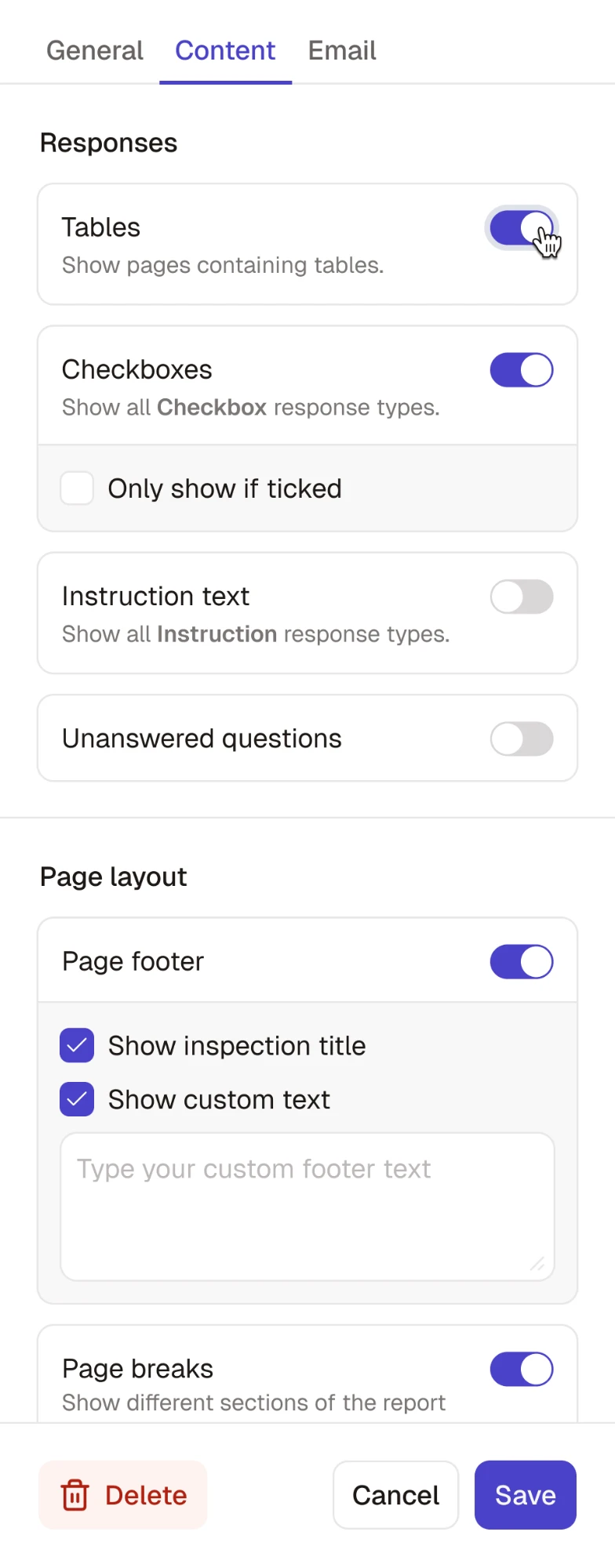 The report Content settings panel