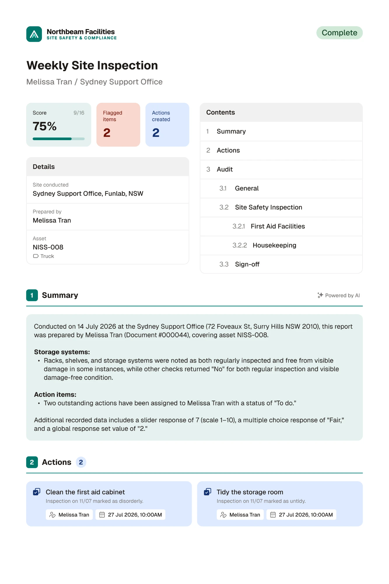 The final report PDF, page one: summary and actions