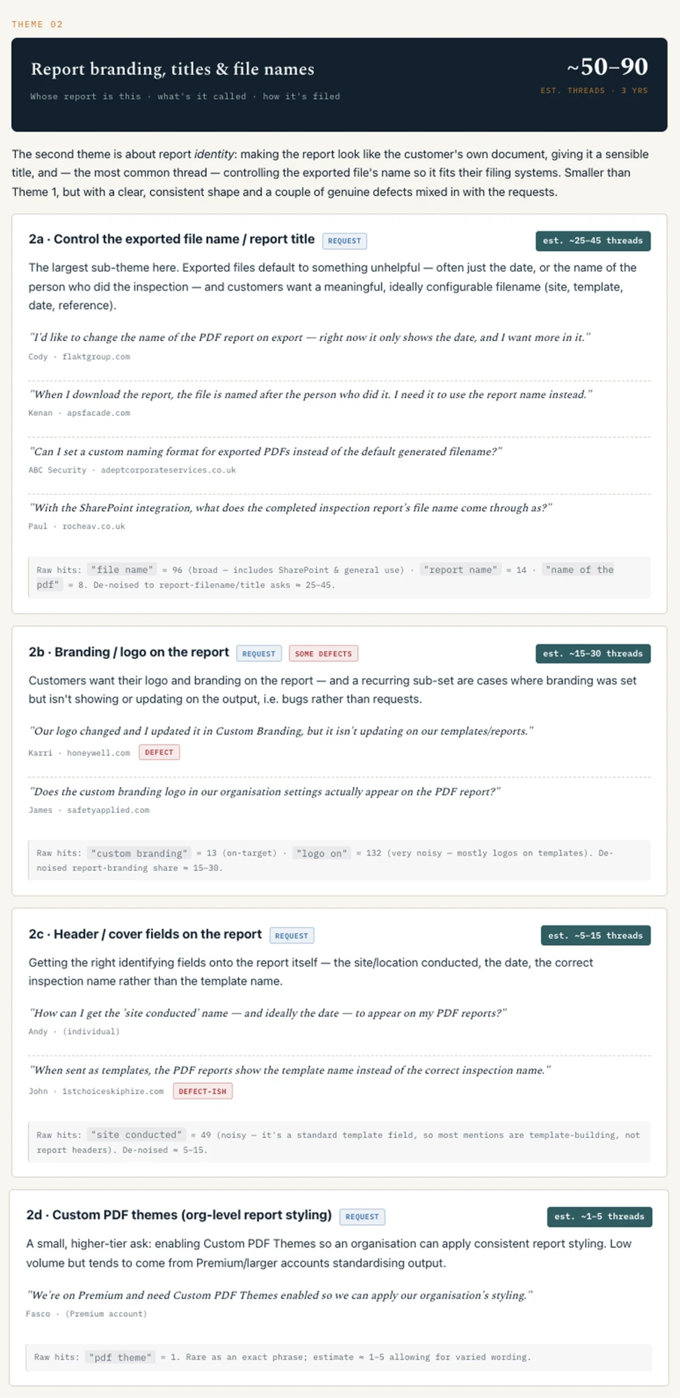 Customer feedback theme: report branding, titles and file names