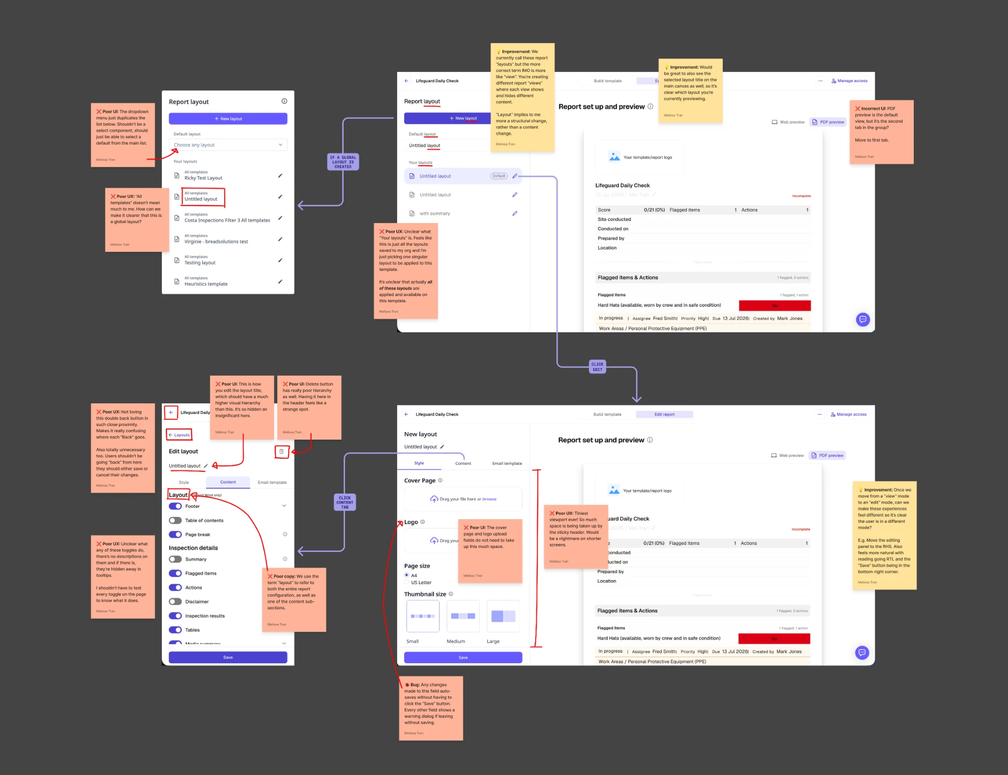 Heuristic review of the old report builder with annotated UX and UI problems