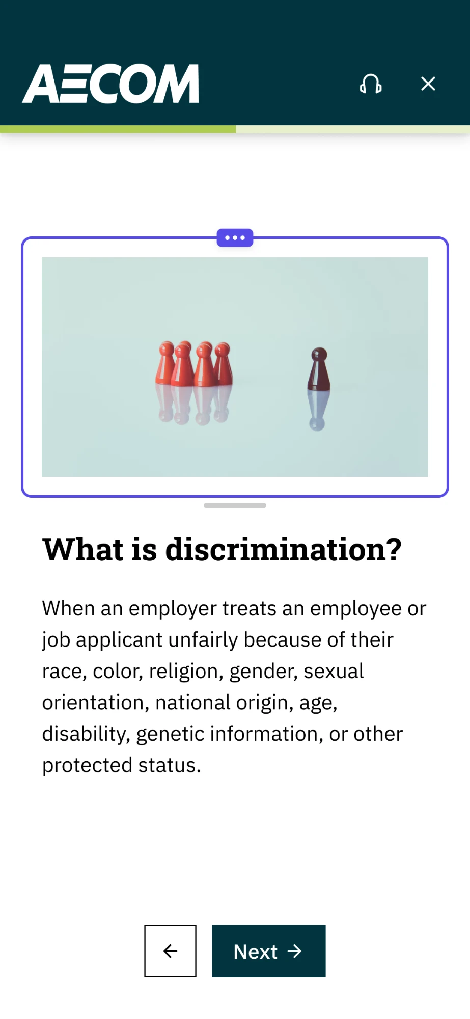 A training lesson screen for AECOM: What is discrimination?