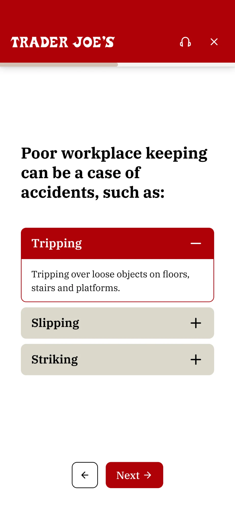A training lesson screen for Trader Joe's: workplace hazards in an accordion