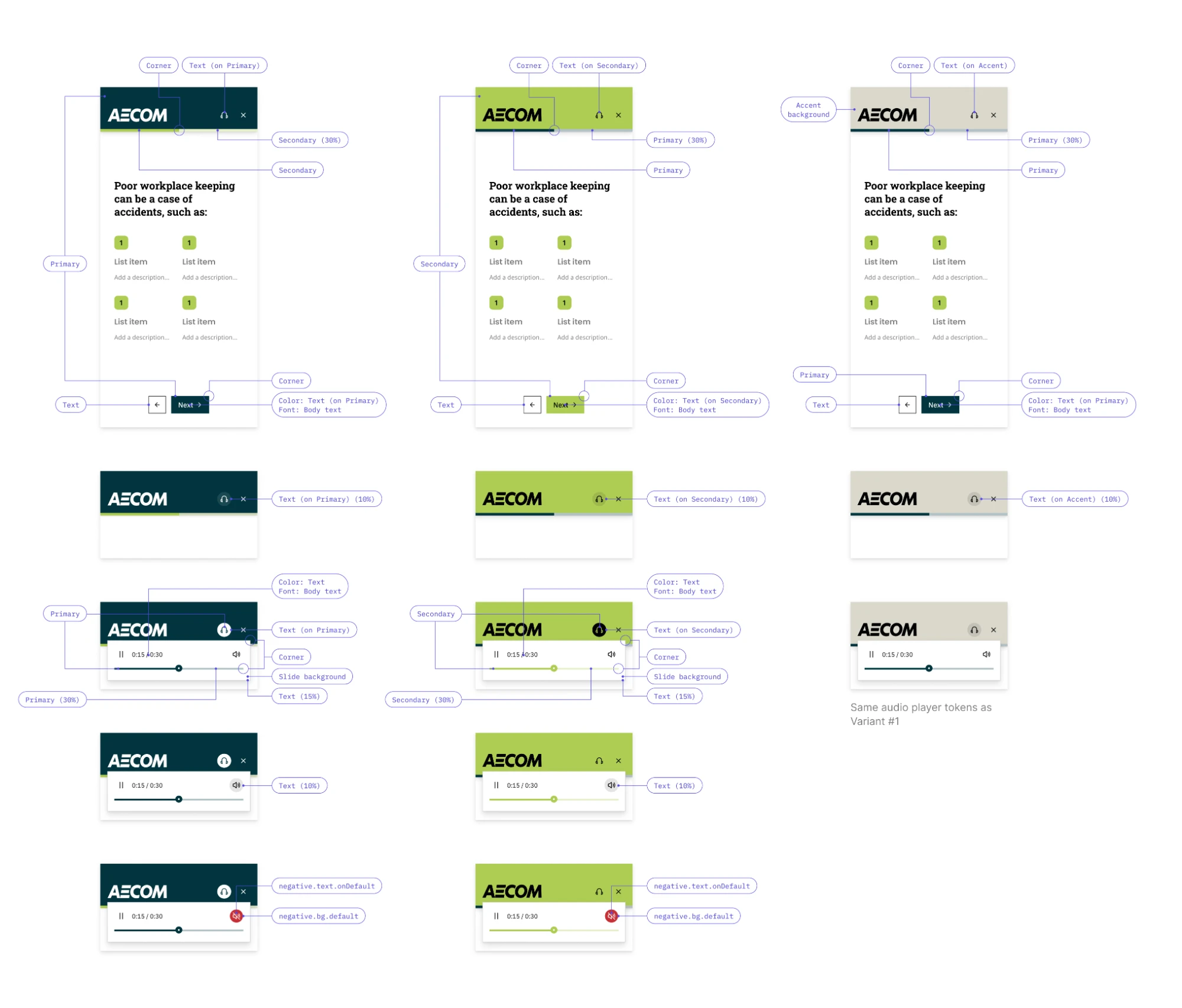 Design tokens mapped onto the lesson template: primary, secondary and accent colour variants