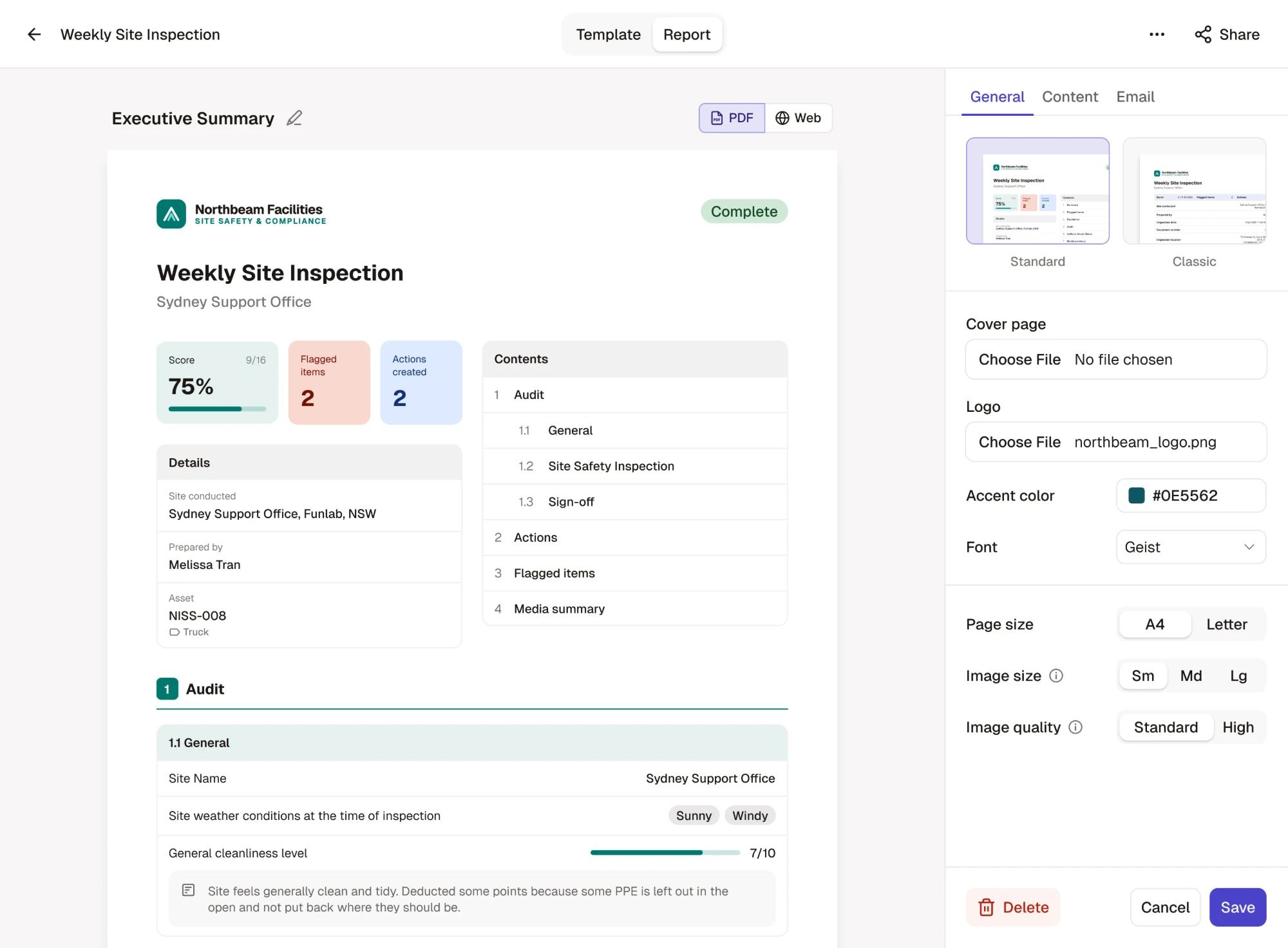 The report builder: the inspection report preview beside its settings panel