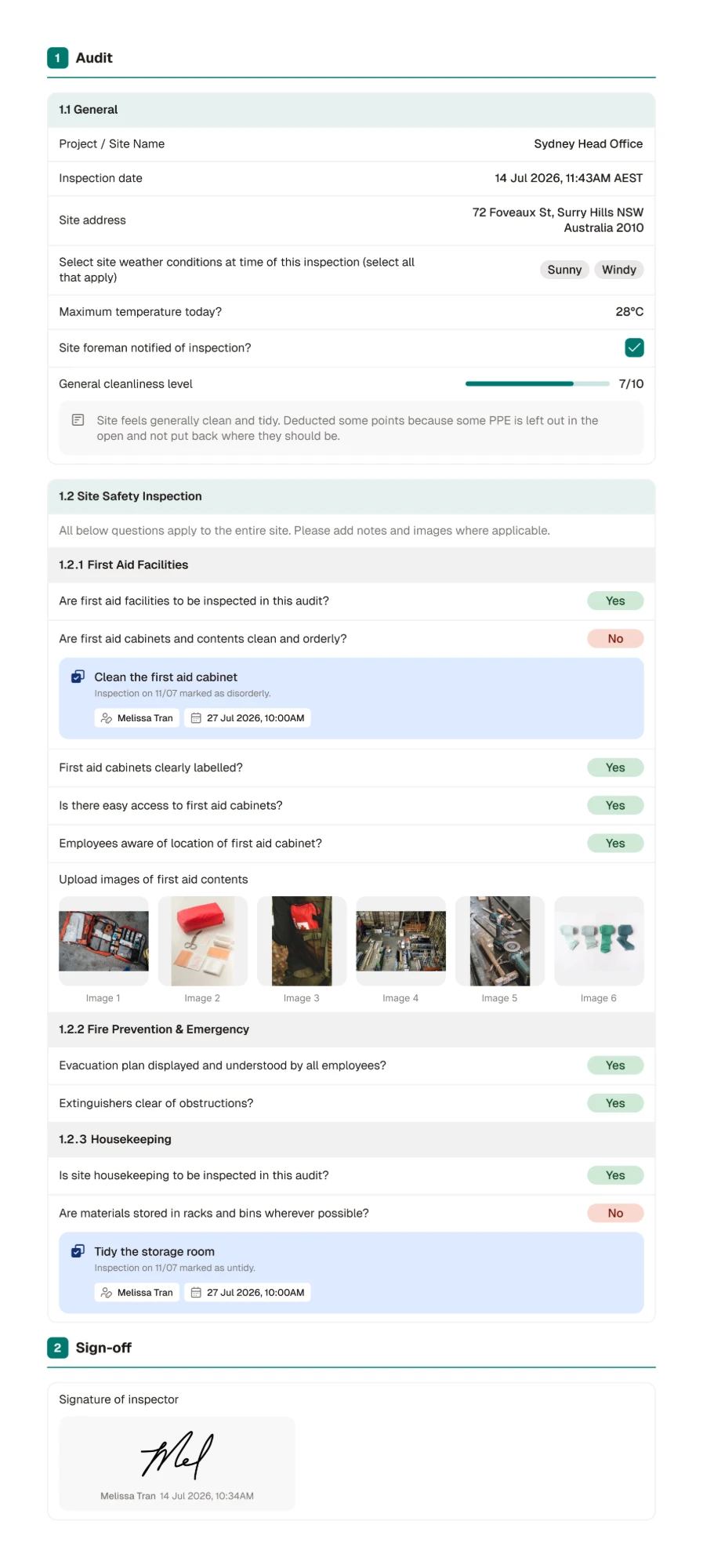 Full inspection report, audit page, with every response type annotated