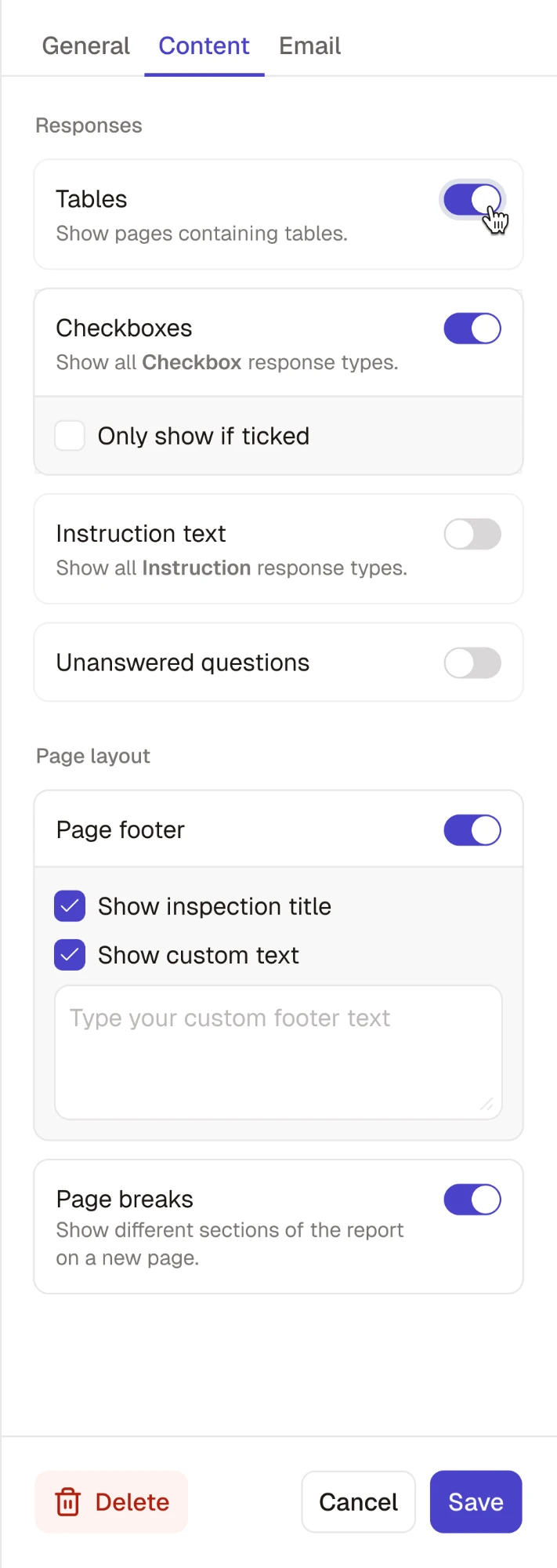 Report content settings: toggles for tables, checkboxes, instructions and page layout