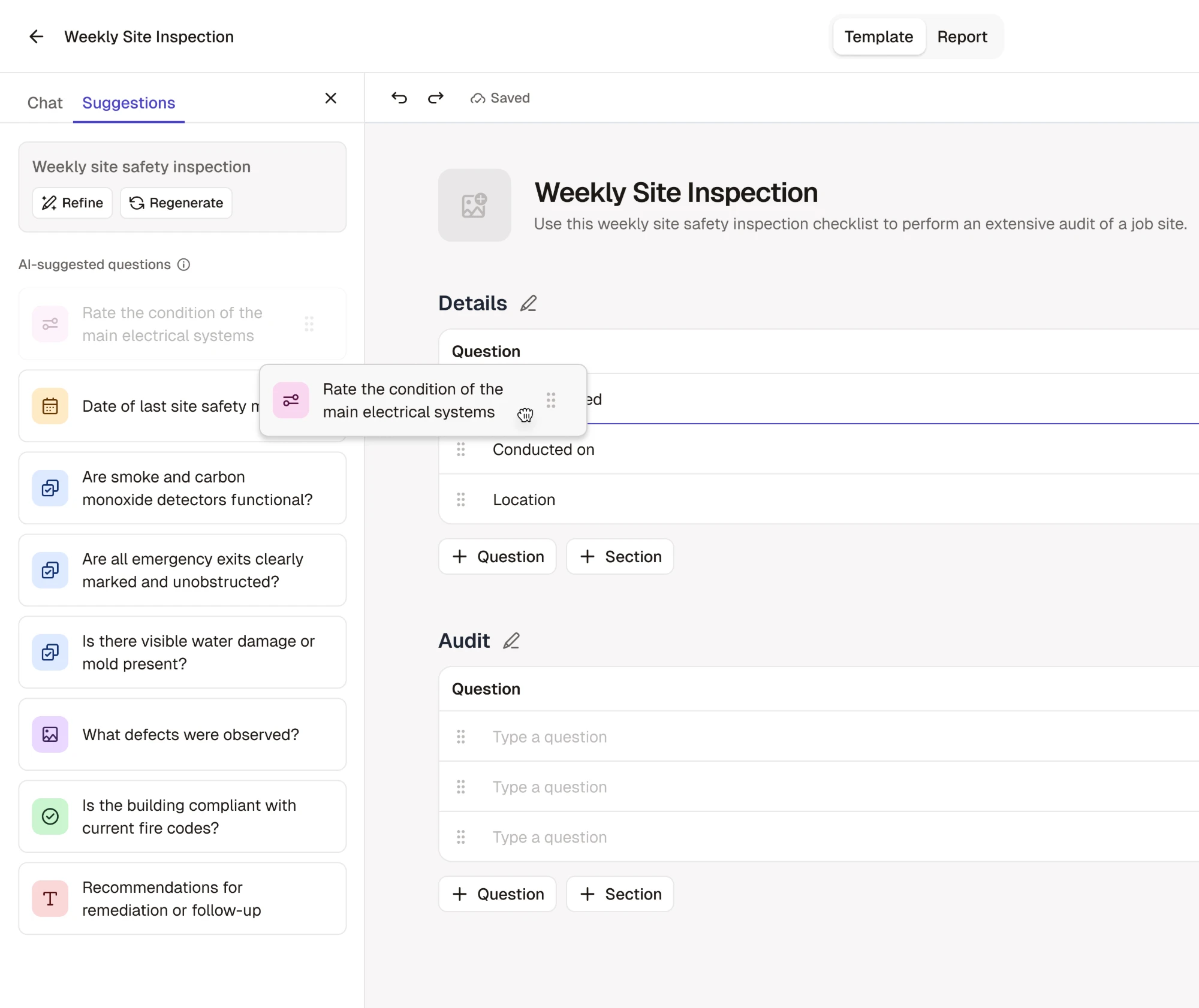 The inspection template editor with the AI suggestions panel open and a suggested question being dragged into the template