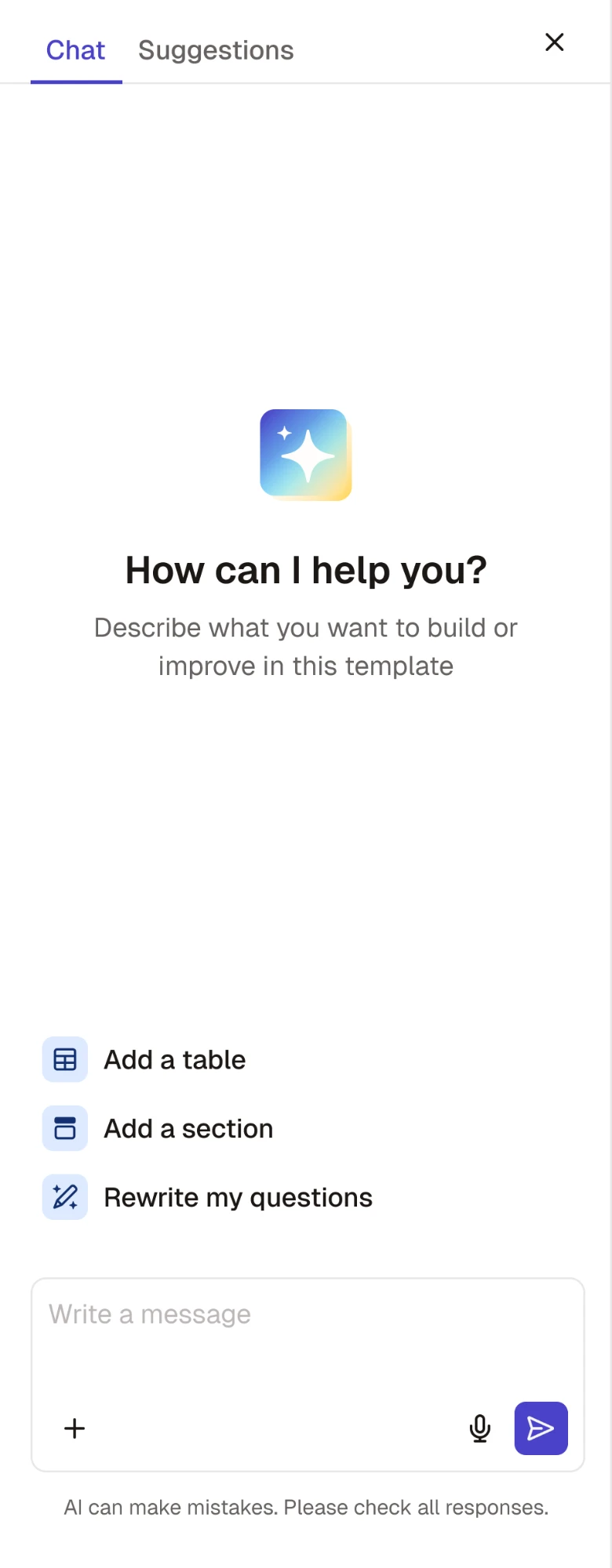 Chat assistant empty state with quick actions