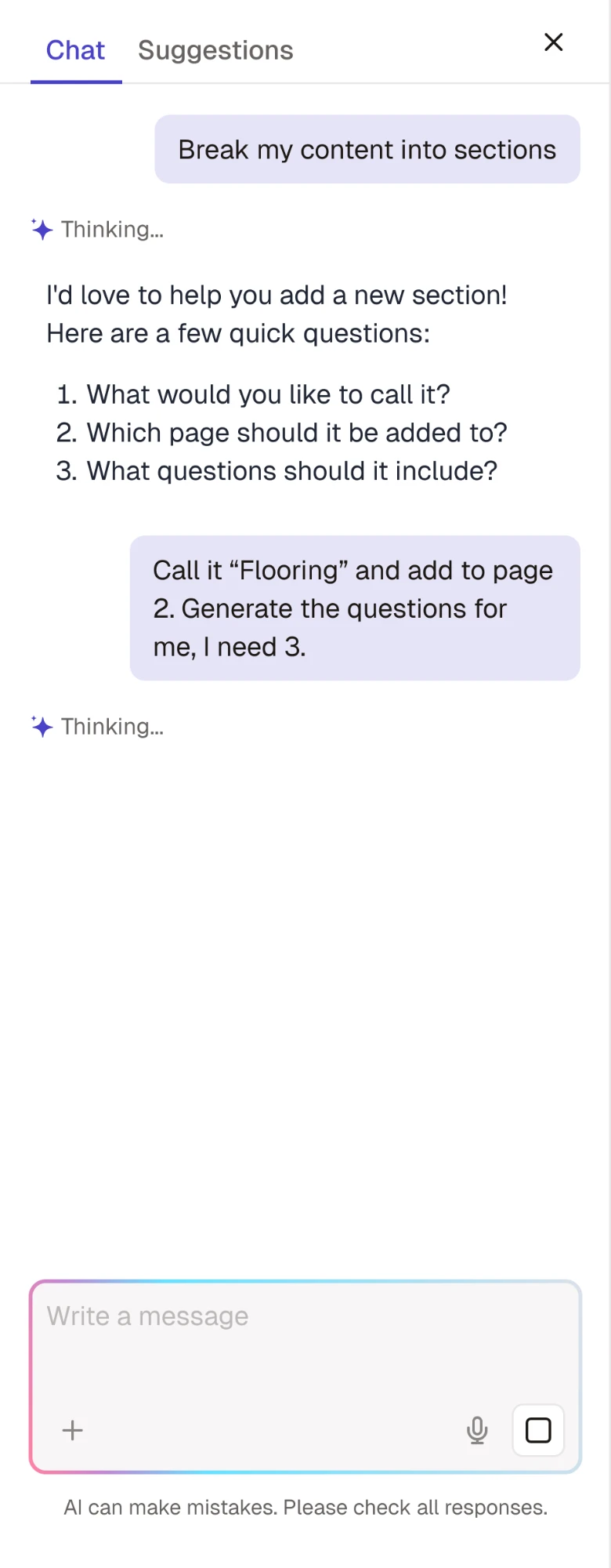 Chat assistant asking follow-up questions about a new section