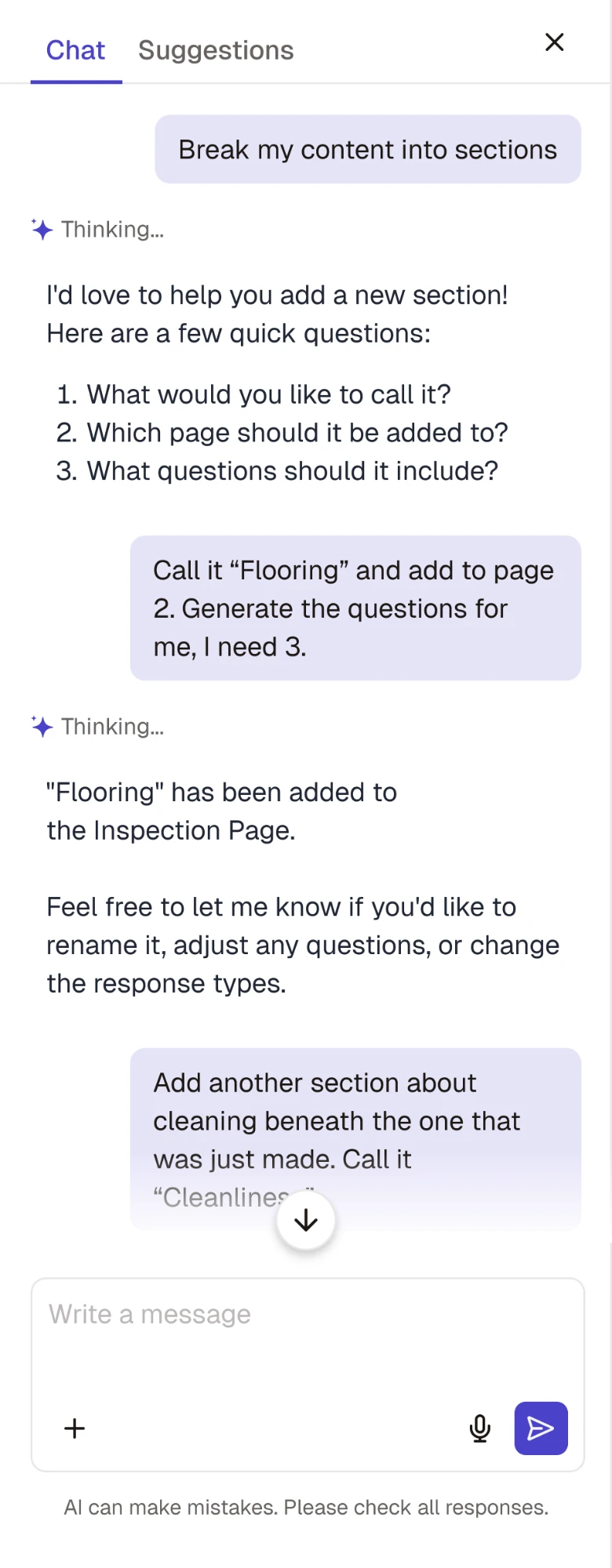 Chat assistant confirming the new section was added