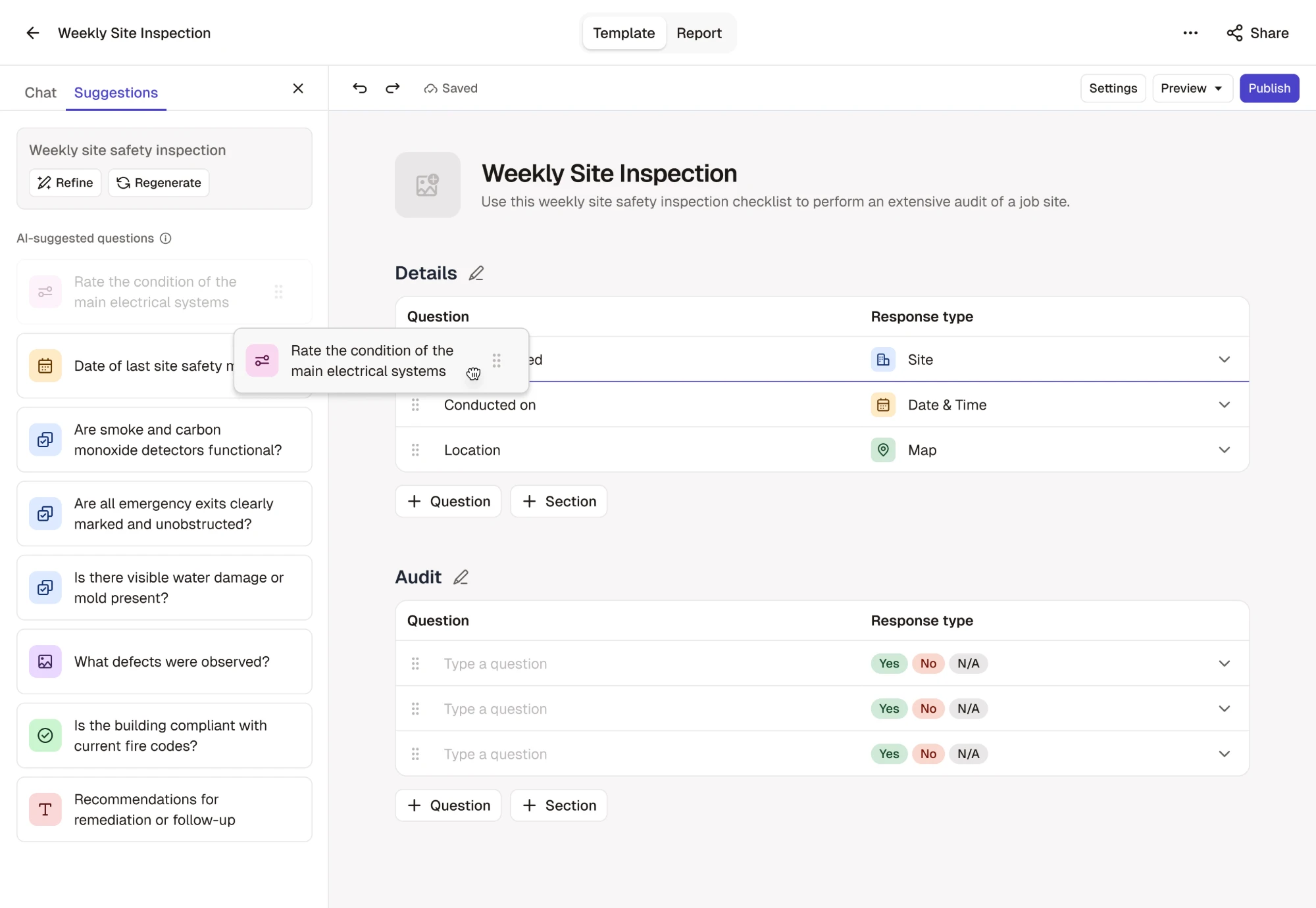 The template editor with the suggestions panel open and a suggested question being dragged into the template
